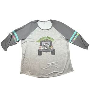 JEEP Womens Plus Size 18W 20W Gray Raglan Sleeve Christmas Jeep Tree T‎ Shirt